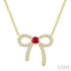 2.40 MM Round Shape Ruby and 1/8 Ctw Bow Round Cut Diamond Fashion Pendant With Chain in 10k Yellow Gold