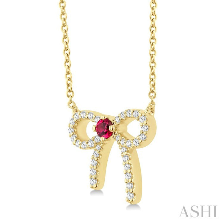 2.40 MM Round Shape Ruby and 1/8 Ctw Bow Round Cut Diamond Fashion Pendant With Chain in 10k Yellow Gold