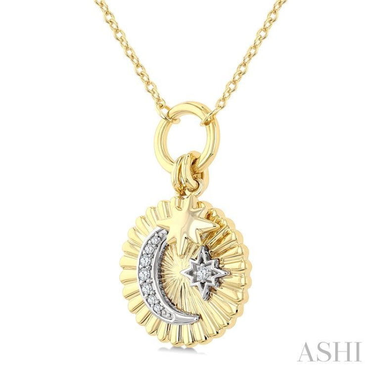 1/20 Ctw Fluted Medallion Crescent Moon & Star Charm Round Cut Diamond Fashion Pendant With Chain in 10K Yellow and White Gold
