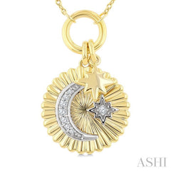 1/20 Ctw Fluted Medallion Crescent Moon & Star Charm Round Cut Diamond Fashion Pendant With Chain in 10K Yellow and White Gold