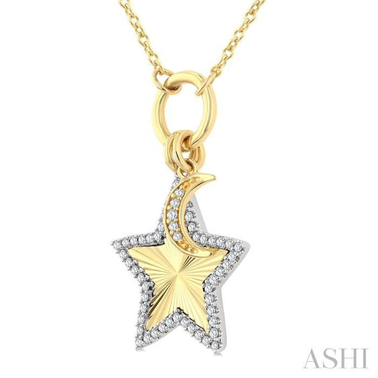 1/5 Ctw Fluted Star and Crescent Moon Charm Round Cut Diamond Fashion Pendant With Chain in 10K Yellow and White Gold