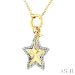 1/5 Ctw Fluted Star and Crescent Moon Charm Round Cut Diamond Fashion Pendant With Chain in 10K Yellow and White Gold