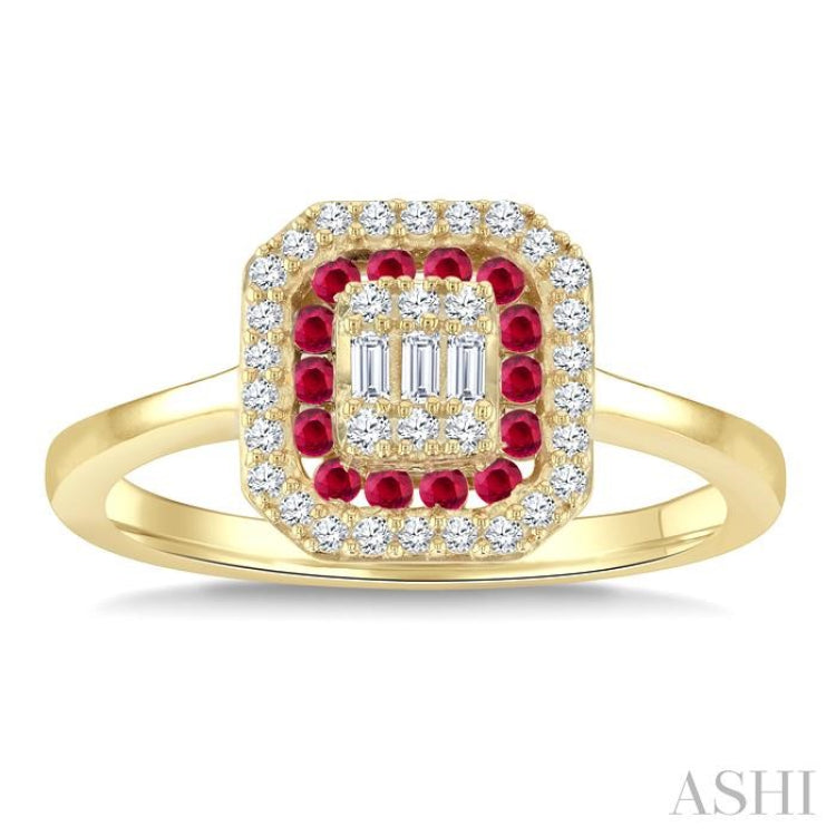 1/4 Ctw Octagonal Shape 1.35MM Round Cut Ruby, Baguette and Round Cut Diamond Precious Fusion Ring in 14K Yellow Gold