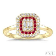 1/4 Ctw Octagonal Shape 1.35MM Round Cut Ruby, Baguette and Round Cut Diamond Precious Fusion Ring in 14K Yellow Gold