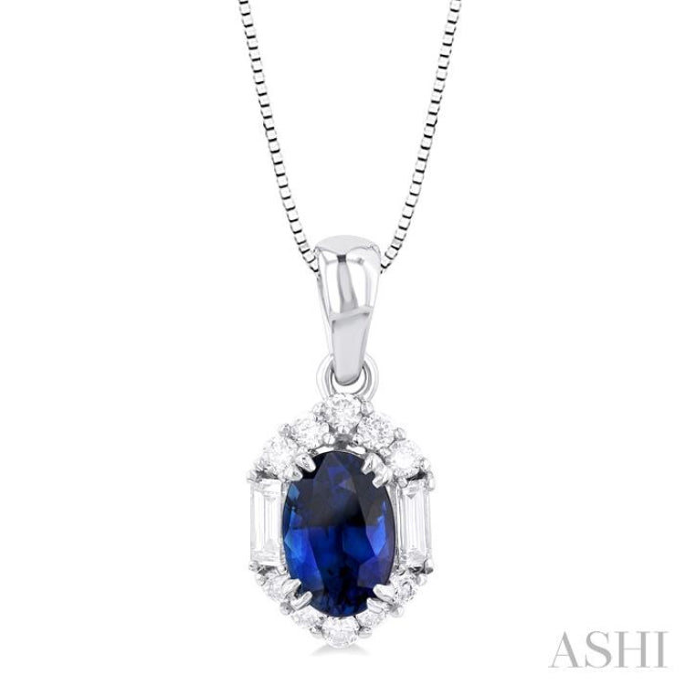 6x4 MM Oval Cut Sapphire and 1/5 Ctw Baguette & Round Cut Diamond Hexagon Shape Halo Precious Pendant With Chain in 10K White Gold