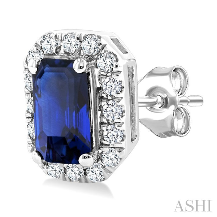 5x3 MM Octagonal Shape Sapphire and 1/8 Ctw Round Cut Diamond Halo Precious Stud Earrings in 10K White Gold