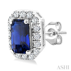 5x3 MM Octagonal Shape Sapphire and 1/8 Ctw Round Cut Diamond Halo Precious Stud Earrings in 10K White Gold