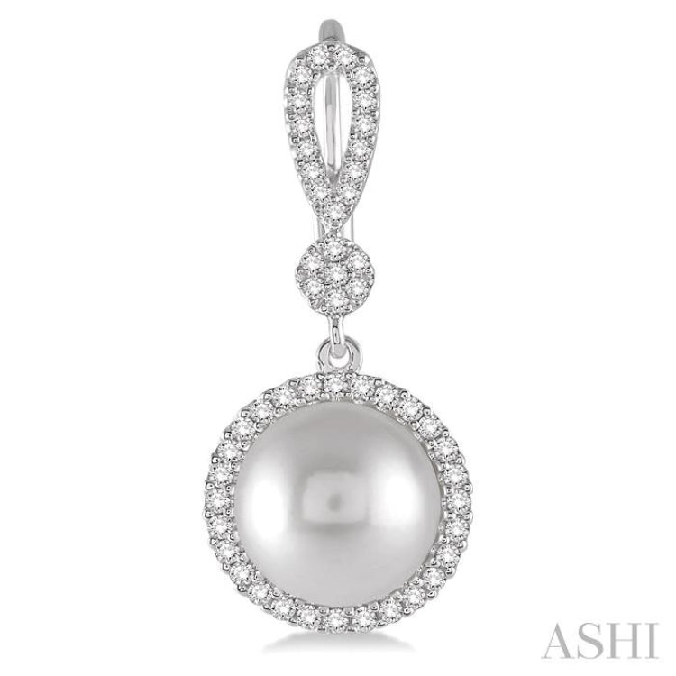 8 MM Cultured Pearls and 1/3 Ctw Round Cut Diamond Earrings in 14K White Gold