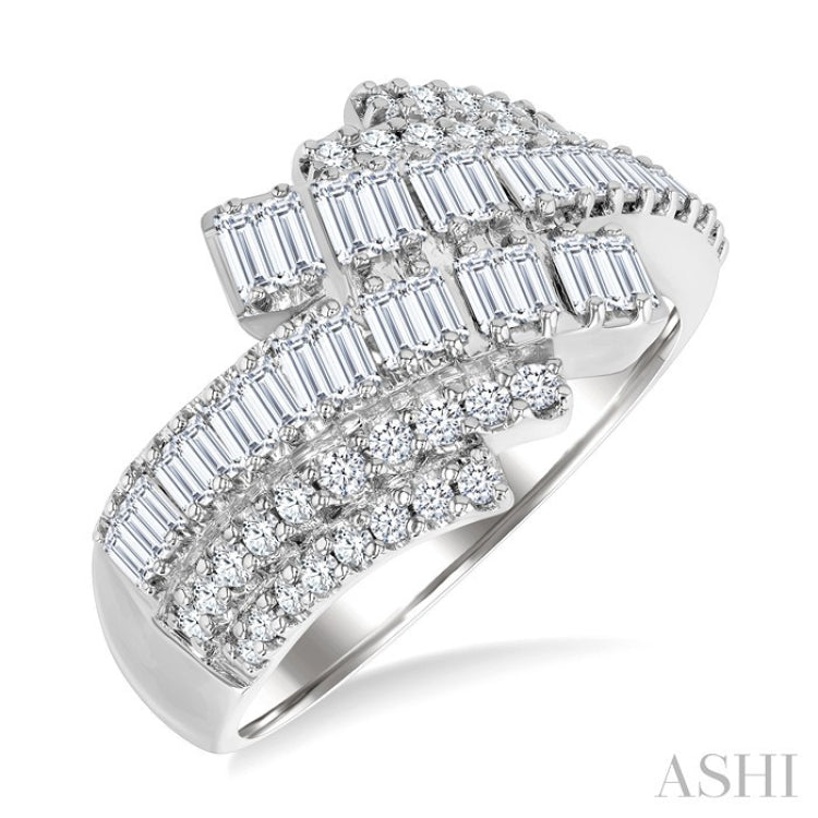 1 Ctw Triple Row Bypass Fusion Baguette and Round Cut Diamond Fashion Ring in 14K White Gold