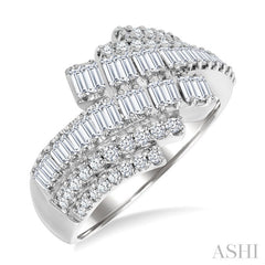 1 Ctw Triple Row Bypass Fusion Baguette and Round Cut Diamond Fashion Ring in 14K White Gold
