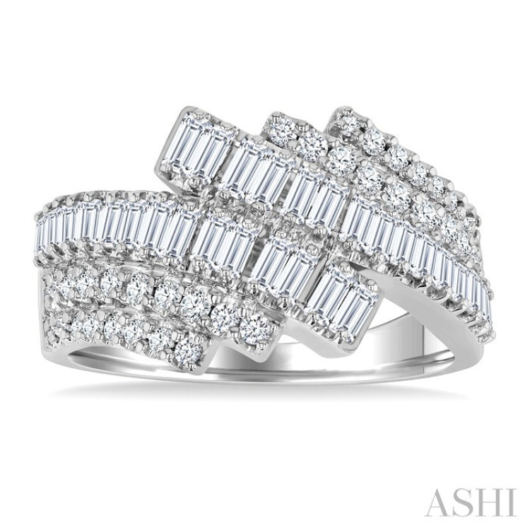 1 Ctw Triple Row Bypass Fusion Baguette and Round Cut Diamond Fashion Ring in 14K White Gold