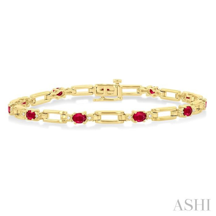 4X3 MM Oval Cut Ruby and 1/10 Ctw Round Cut Diamond Paperclip Bracelet in 14K Yellow Gold