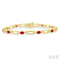 4X3 MM Oval Cut Ruby and 1/10 Ctw Round Cut Diamond Paperclip Bracelet in 14K Yellow Gold