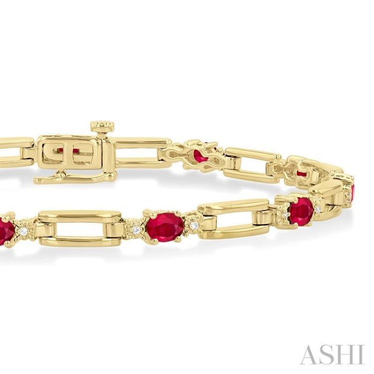 4X3 MM Oval Cut Ruby and 1/10 Ctw Round Cut Diamond Paperclip Bracelet in 14K Yellow Gold