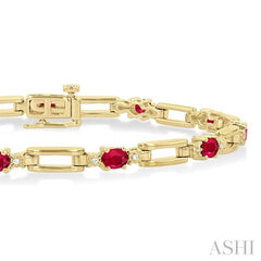 4X3 MM Oval Cut Ruby and 1/10 Ctw Round Cut Diamond Paperclip Bracelet in 14K Yellow Gold