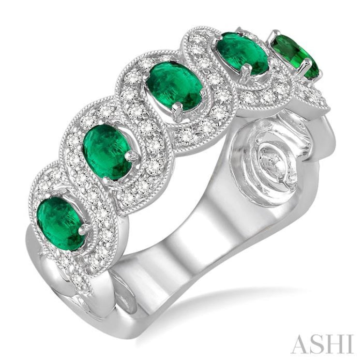 4x3 MM Oval Cut Emerald and 1/2 Ctw Round Cut Diamond Precious Band in 14K White Gold