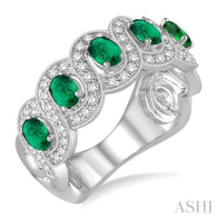 4x3 MM Oval Cut Emerald and 1/2 Ctw Round Cut Diamond Precious Band in 14K White Gold