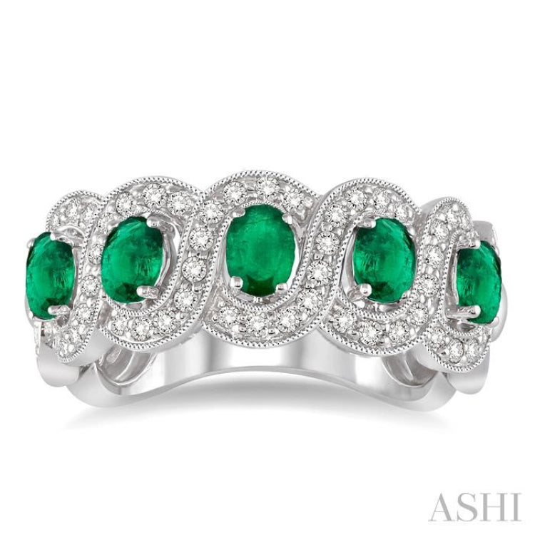 4x3 MM Oval Cut Emerald and 1/2 Ctw Round Cut Diamond Precious Band in 14K White Gold