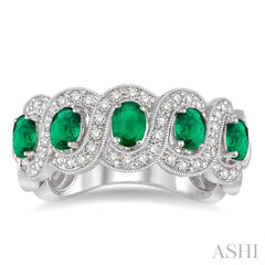 4x3 MM Oval Cut Emerald and 1/2 Ctw Round Cut Diamond Precious Band in 14K White Gold