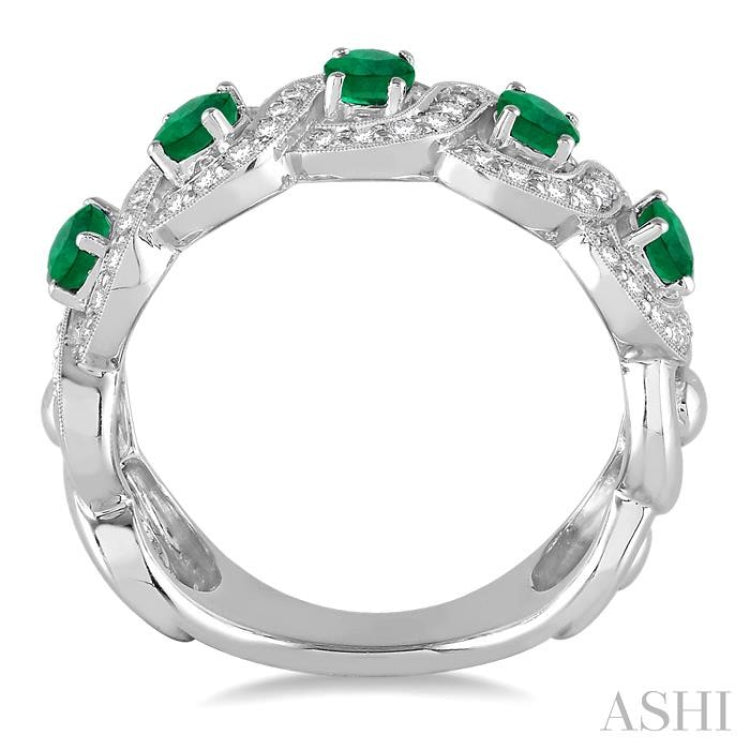 4x3 MM Oval Cut Emerald and 1/2 Ctw Round Cut Diamond Precious Band in 14K White Gold