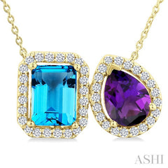 8X6 MM Emerald Cut Blue Topaz and Pear Cut Amethyst and 1/3 Ctw Toi Et Moi Round Cut Diamond Semi-Precious Fashion Pendant With Chain 14K Yellow Gold