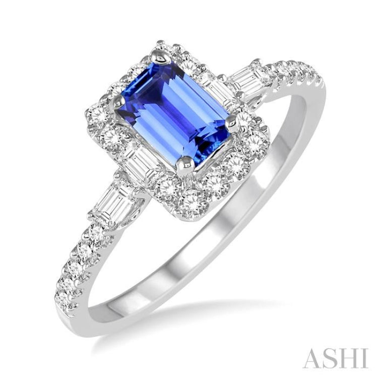 6x4 MM Octagon Cut Tanzanite and 1/2 Ctw Round Cut Diamond Precious Ring in 14K White Gold