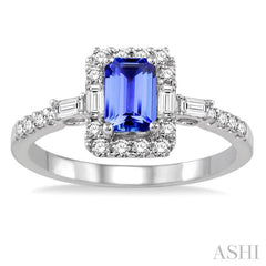 6x4 MM Octagon Cut Tanzanite and 1/2 Ctw Round Cut Diamond Precious Ring in 14K White Gold