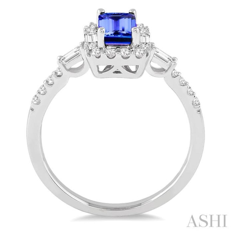 6x4 MM Octagon Cut Tanzanite and 1/2 Ctw Round Cut Diamond Precious Ring in 14K White Gold