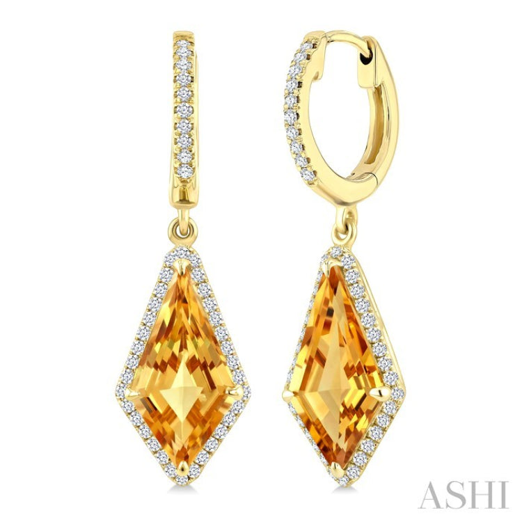 14X7 MM Kite Shape Citrine and 1/3 Ctw Round Cut Diamond Semi-Precious Earrings in 14K Yellow Gold