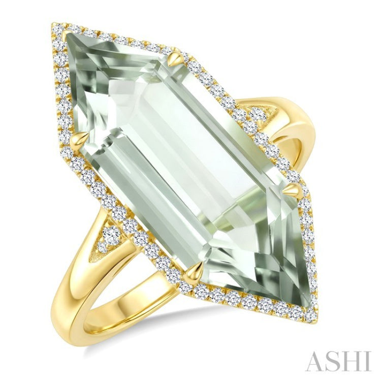 22X8 MM Hexagon Shape Green Amethyst and 1/4 Ctw Round Cut Diamond Semi-Precious Ring in 14K Yellow Gold