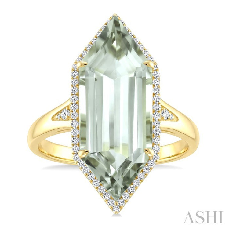22X8 MM Hexagon Shape Green Amethyst and 1/4 Ctw Round Cut Diamond Semi-Precious Ring in 14K Yellow Gold
