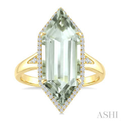 22X8 MM Hexagon Shape Green Amethyst and 1/4 Ctw Round Cut Diamond Semi-Precious Ring in 14K Yellow Gold