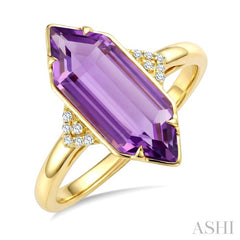 16X6 MM Hexagon Shape Amethyst and 1/20 Ctw Round Cut Diamond Semi-Precious Ring in 10K Yellow Gold