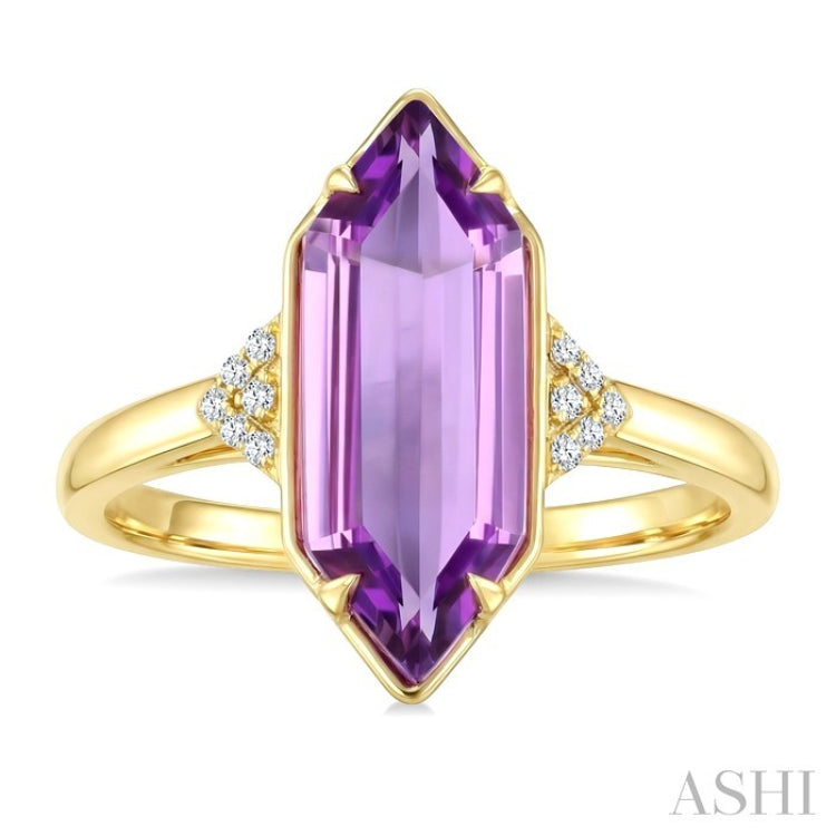 16X6 MM Hexagon Shape Amethyst and 1/20 Ctw Round Cut Diamond Semi-Precious Ring in 10K Yellow Gold