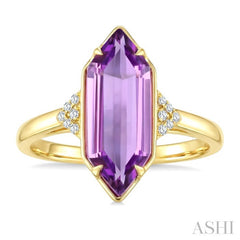 16X6 MM Hexagon Shape Amethyst and 1/20 Ctw Round Cut Diamond Semi-Precious Ring in 10K Yellow Gold