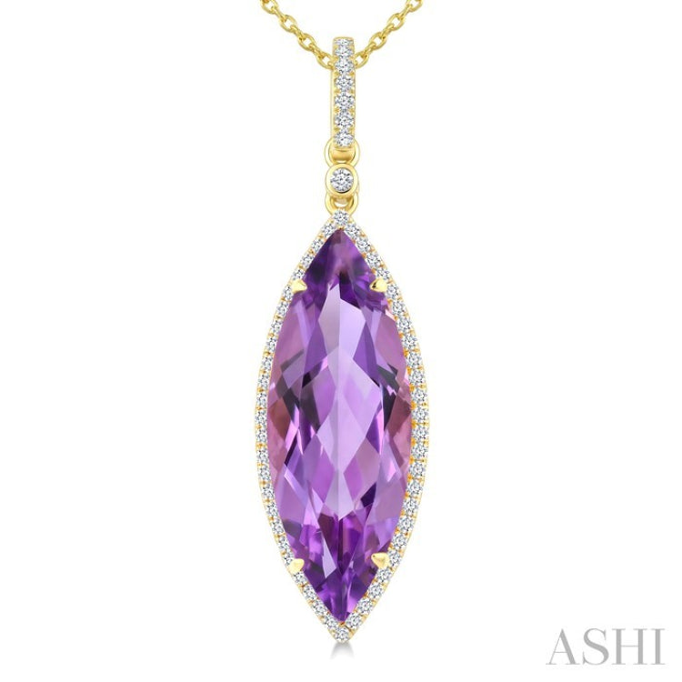 22X8 MM Marquise Shape Amethyst and 1/4 Ctw Round Cut Diamond Semi-Precious Pendant With Chain in 14K Yellow Gold