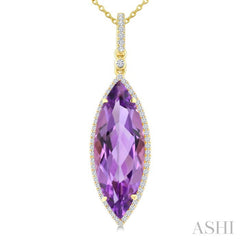 22X8 MM Marquise Shape Amethyst and 1/4 Ctw Round Cut Diamond Semi-Precious Pendant With Chain in 14K Yellow Gold