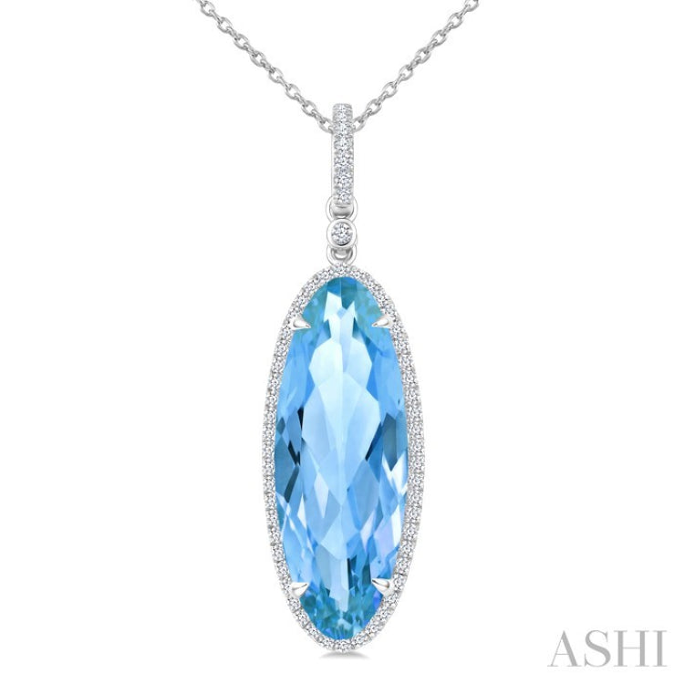 22X8 MM Oval Shape Blue Topaz and 1/4 Ctw Round Cut Diamond Semi-Precious Pendant With Chain in 14K White Gold
