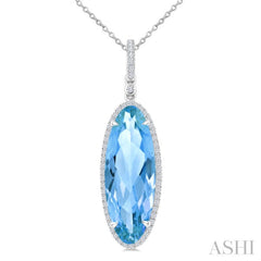 22X8 MM Oval Shape Blue Topaz and 1/4 Ctw Round Cut Diamond Semi-Precious Pendant With Chain in 14K White Gold