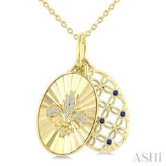 1 MM Round Cut Sapphire and 1/50 Ctw Round Cut Diamond Fluted fleur De Lis Shaped Precious Pendant with Chain in 10K Yellow Gold