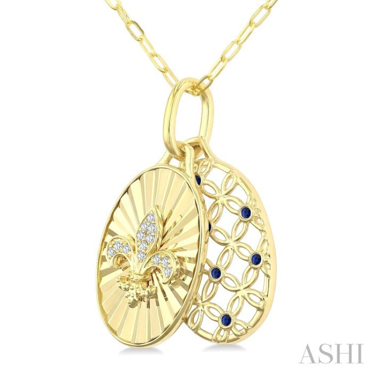 1 MM Round Cut Sapphire and 1/50 Ctw Round Cut Diamond Fluted fleur De Lis Shaped Precious Pendant with Chain in 10K Yellow Gold
