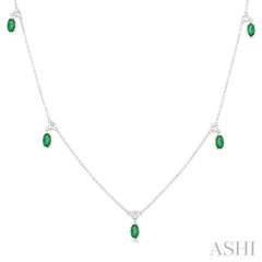 5x3 MM Oval Shape Emerald and 1/4 Ctw Round Cut Diamonds Precious Station Necklace in 14K White Gold