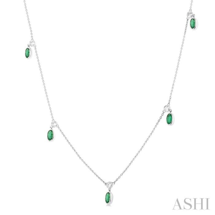 5x3 MM Oval Shape Emerald and 1/4 Ctw Round Cut Diamonds Precious Station Necklace in 14K White Gold