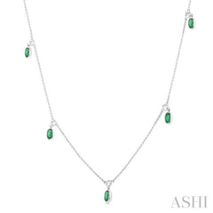5x3 MM Oval Shape Emerald and 1/4 Ctw Round Cut Diamonds Precious Station Necklace in 14K White Gold