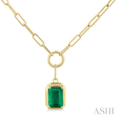 6x4 MM Emerald Solitaire Precious Paperclip Pendant With Chain in 10K Yellow Gold
