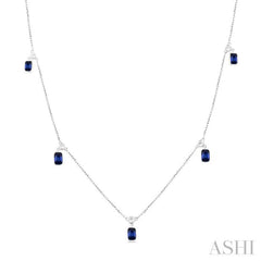 5x3 MM Octagonal Shape Sapphire and 1/4 Ctw Round Cut Diamonds Precious Station Necklace in 14K White Gold