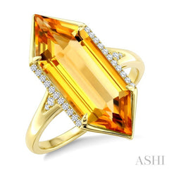 22X8 MM Hexagon Shape Citrine and 1/10 Ctw Round Cut Diamond Semi-Precious Ring in 14K Yellow Gold