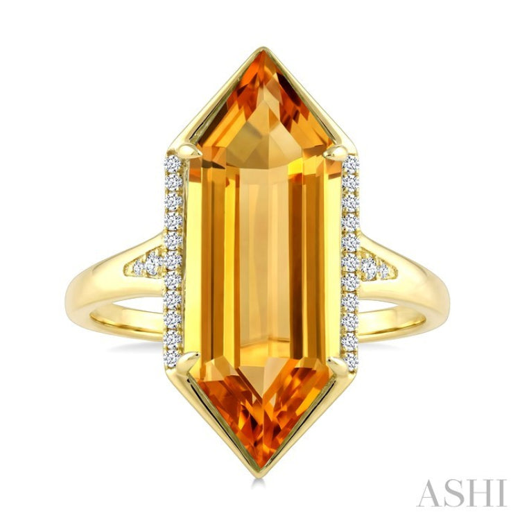 22X8 MM Hexagon Shape Citrine and 1/10 Ctw Round Cut Diamond Semi-Precious Ring in 14K Yellow Gold