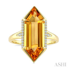 22X8 MM Hexagon Shape Citrine and 1/10 Ctw Round Cut Diamond Semi-Precious Ring in 14K Yellow Gold