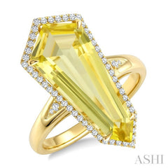 22X9 MM Shield Shape Lemon Quartz and 1/4 Ctw Round Cut Diamond Semi-Precious Ring in 14K Yellow Gold